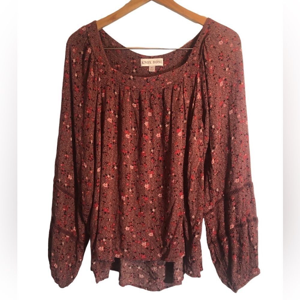 Knox Rose Square Neck Balloon Sleeve Elastic Wrist Floral Blouse Women's XL